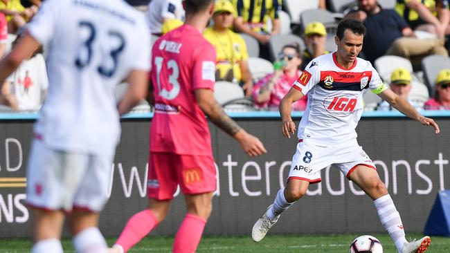 Adelaide captain Isaias during the 3-0 win against the Mariners. Picture: AAP Image/Brendan Esposito