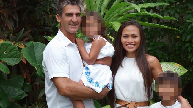 Former Essendon player Ricky Olarenshaw and his ex-wife Sarnanitha Olarenshaw and family in Bali in 2019. Olarenshaw has been fighting for access to his two children. Picture: Anthea Auld