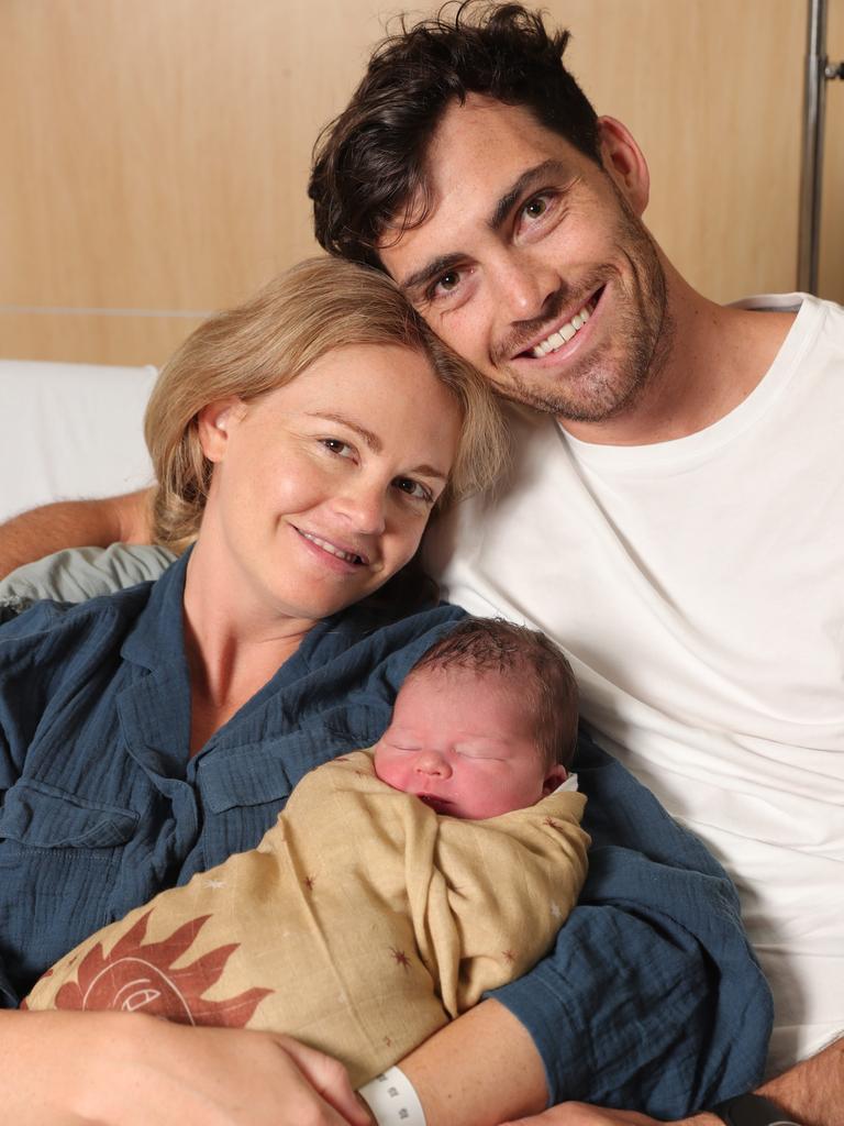 Sam Taylor and Eliza Jorgensen from Burleigh Heads with their newborn son, August Van Taylor. Picture Glenn Hampson