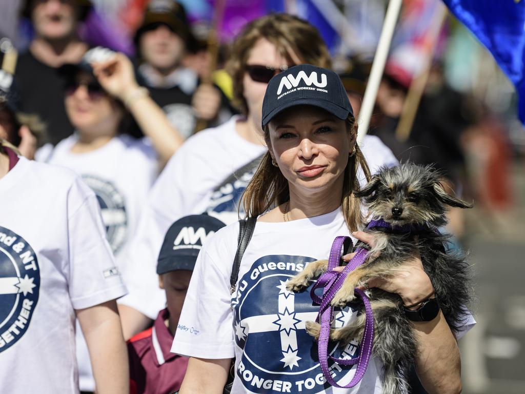 Alex Redding, holding Gigi, marches with the AWU in the Toowoomba Labour Day March, Saturday, May 3, 2025. Picture: Kevin Farmer