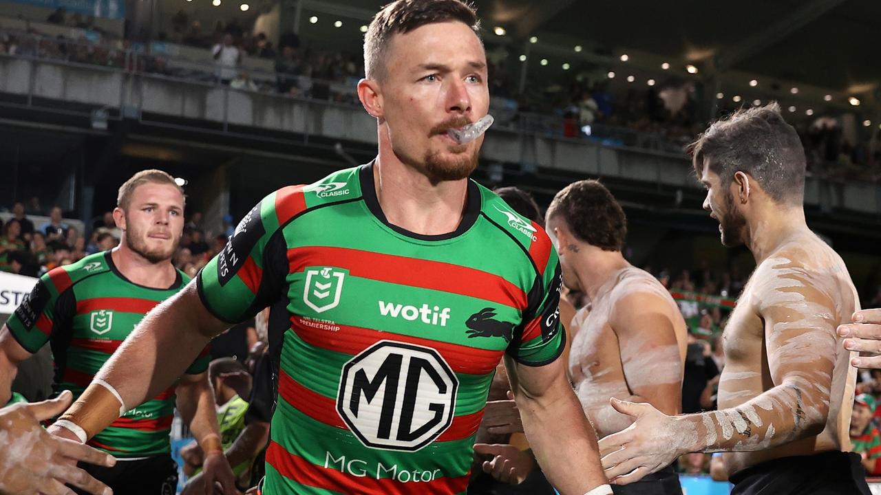 GOSFORD, AUSTRALIA - APRIL 29: Damien Cook of the Rabbitohs runs onto the field during the round eight NRL match between the South Sydney Rabbitohs and the Manly Sea Eagles at Central Coast Stadium, on April 29, 2022, in Gosford, Australia. (Photo by Cameron Spencer/Getty Images)