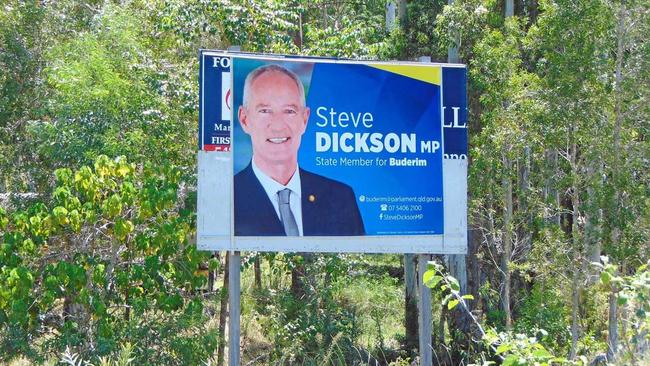 A new Steve Dickson advertisement has been posted to replace a billboard that was recently vandalised  by a graffiti artist who spraypainted his hair orange-red, like Pauline Hanson. Picture: Janine Hill