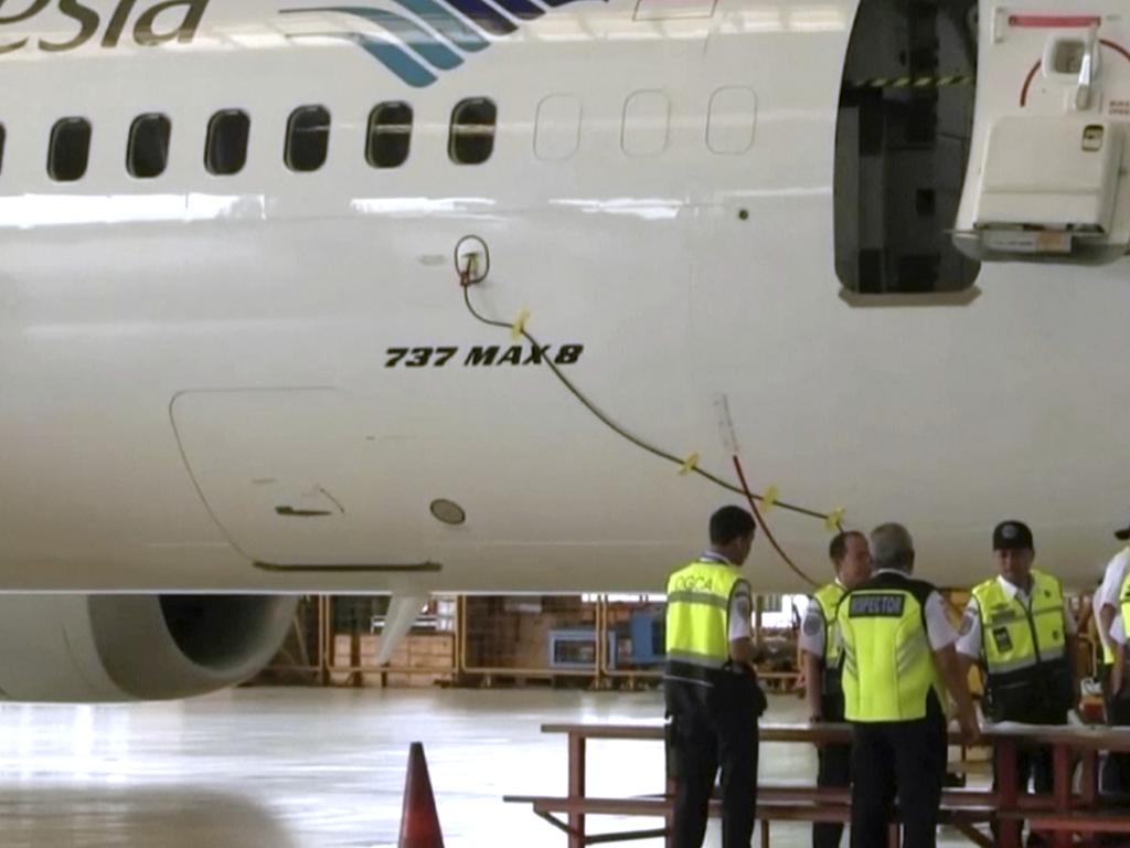 In this March 12, 2019 image, a Boeing 737 Max 8 aircraft is in hangar before the inspection at Garuda Maintenance Facility at Soekarno Hatta airport, Jakarta. Picture: AP