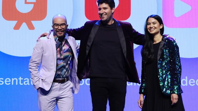 14/9/22: Canva co-founders Melanie Perkins, Cliff Obrecht and Cameron Adams speaking on-stage at Canva's Create event, announcing the next generation of their company. John Feder/The Australian.