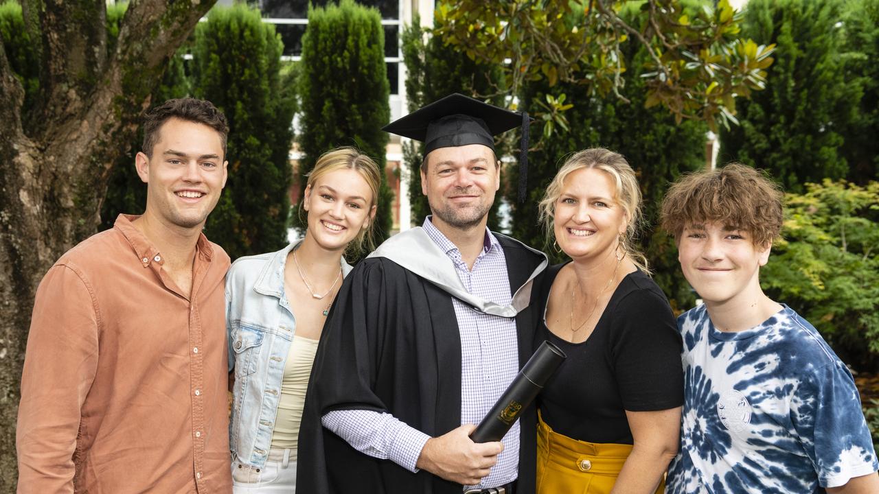 Kev Hyslop (Master of Business Administration) with family (from left) Jarrod, Chloe, Bianca and William Hyslop at the UniSQ graduation ceremony at Empire Theatres, Tuesday, December 13, 2022. Picture: Kevin Farmer