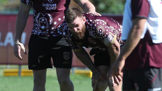 Josh McGuire suffered an injury scare at Maroons training at Sanctuary Cove. Pic: Peter Wallis