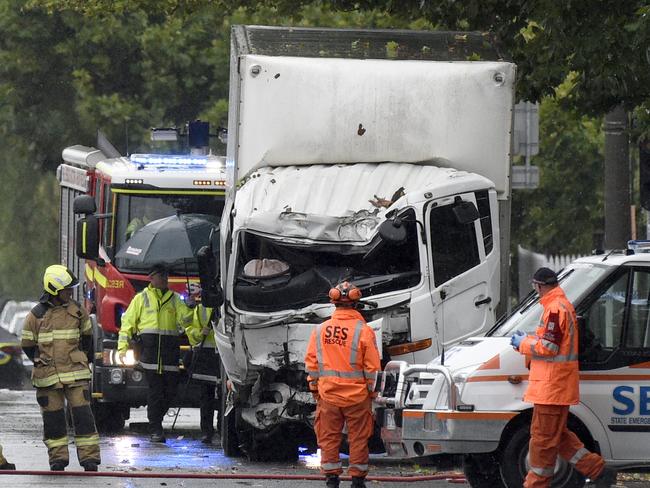 Police and fire crews at the scene of a fatal accident involving a stolen truck on Ballarat Rd Footscray. Picture: Andrew Henshaw