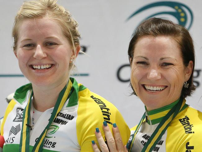 LtoR: Stephanie Morton and Anna Meares (South Australia) win the Team Sprint. Track Cycling at Adelaide Super-Drome, night 1. 03/02/16 Picture: Stephen Laffer