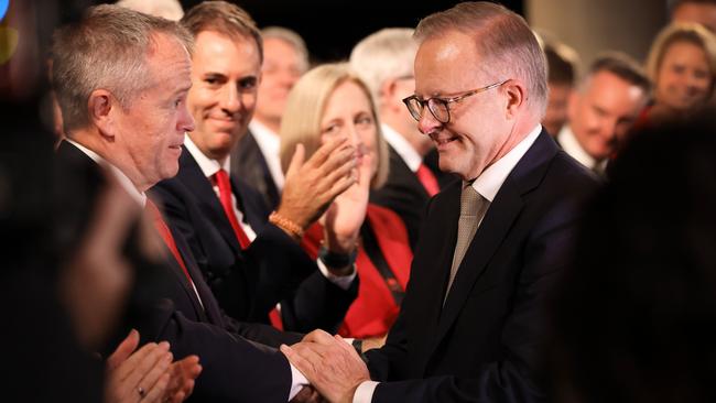 Bill Shorten, left, shakes hands with Anthony Albanese at the Labor Party election campaign launch in Perth on Sunday. Picture: Getty Images