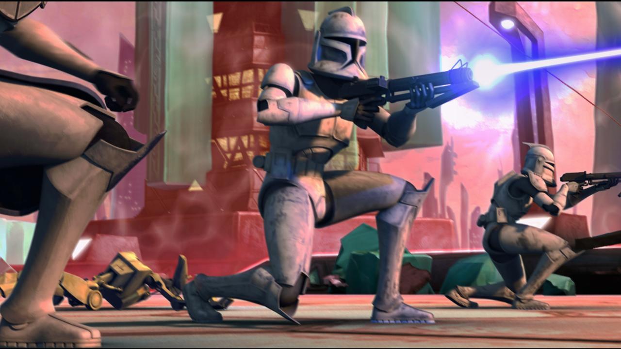 In this image released by Lucasfilm Ltd., Clone troopers fight against an army of battle droids in a scene from the upcoming &Star Wars: The Clone Wars.& The Lucasfilm Animation production will be released Friday, Aug. 15, 2008, by Warner Bros. Pictures. (AP Photo/Lucasfilm Ltd.) ** NO SALES **