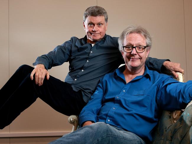 Jonathan Biggins (front) and Drew Forsythe star in the Sydney Theatre Company's Wharf Revue again this year, their 18th consecutive year. Pictured in their rehearsal space at Fox Studios. Picture: Toby Zerna