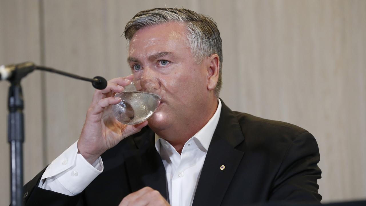 Collingwood president Eddie McGuire speaks to the media after the report into the club’s response to racism claims was leaked. Picture: Darrian Traynor