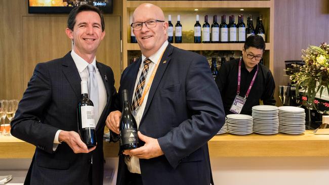 Federal Trade Minister Simon Birmingham with SA Trade, Tourism and Investment Minister David Ridgway at the Australian Pavilion at a Chinese export/import show. Picture: DFAT/Chris Crerar