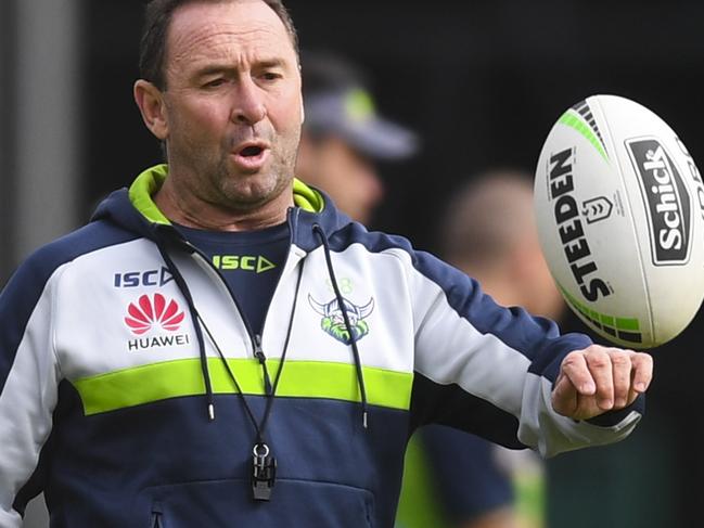 Raiders coach Ricky Stuart in action during a training session at Canberra Raiders Headquarters in Canberra, Wednesday, May 13, 2019. (AAP Image/Lukas Coch) NO ARCHIVING