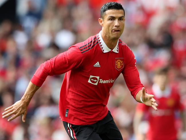 MANCHESTER, ENGLAND - JULY 31: Christiano Ronaldo of Manchester United during the Pre-Season Friendly match between Manchester United and Rayo Vallecano at Old Trafford on July 31, 2022 in Manchester, England. (Photo by Jan Kruger/Getty Images)