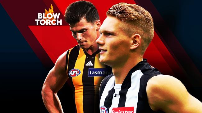 Hawthorn's Jaeger O'Meara and Collingwood's Adam Treloar in the Round 3 Blowtorch.