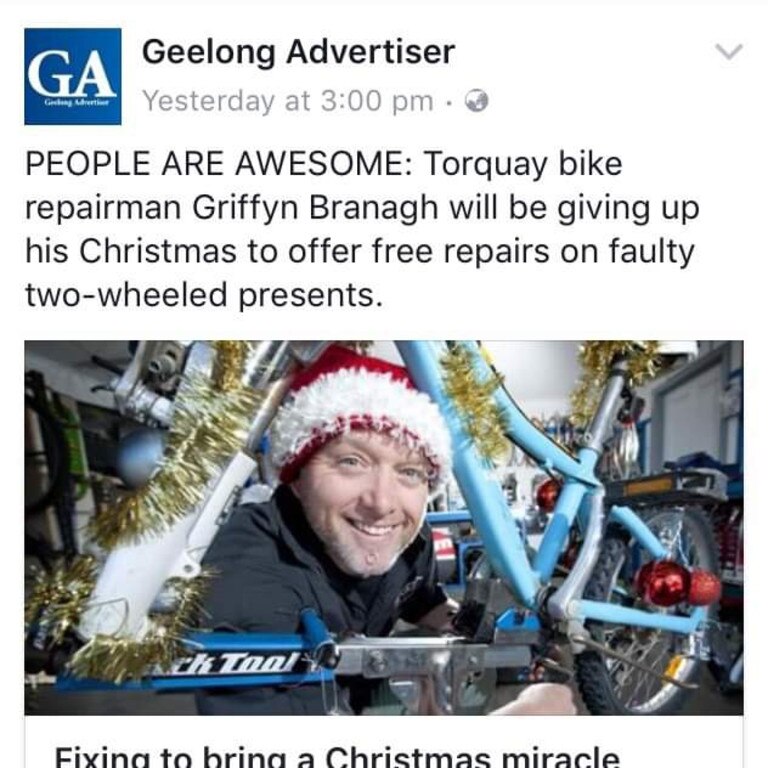 The Geelong Advertiser reported in 2016 that Mr Branagh was offering free bike repairs on Christmas Day.