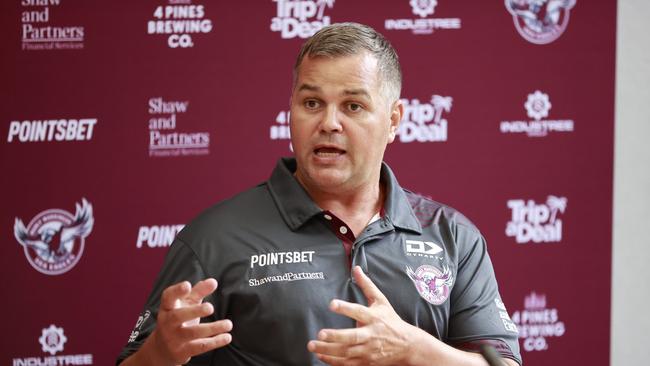 DAILY TELEGRAPH. JANUARY 31, 2023.Pictured at 4 Pines Park in Brookvale today is Manly Sea Eagles Coach Anthony Seibold during a press conference. Picture: Tim Hunter.