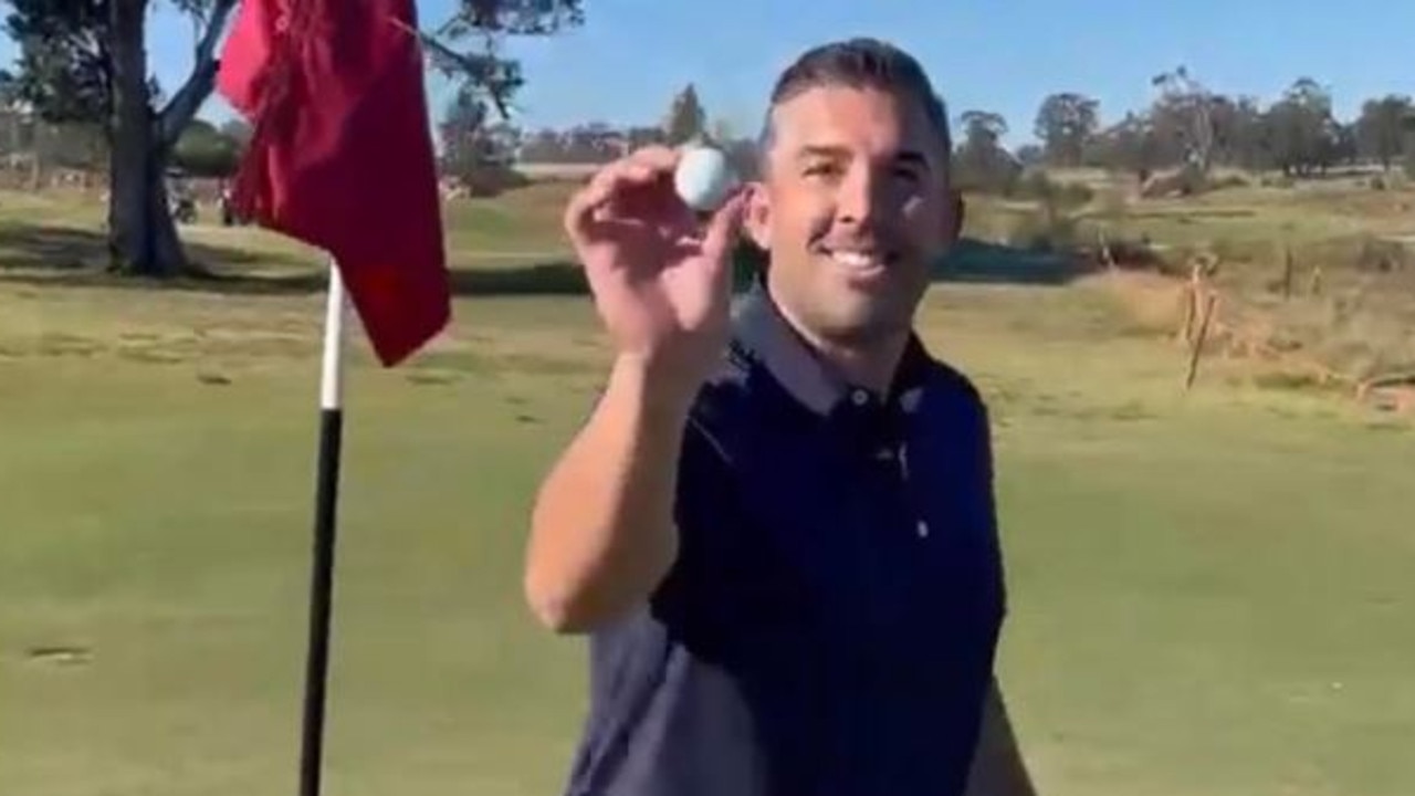 Braith Anasta celebrates his hole-in-one at Lakeside Camden.