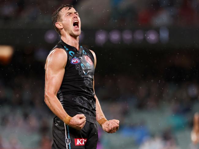 ADELAIDE, AUSTRALIA - MAY 29: Trent Dumont of the Power celebrates a goal during the 2022 AFL Round 11 match between the Port Adelaide Power and the Essendon Bombers at Adelaide Oval on May 29, 2022 in Adelaide, Australia. (Photo by James Elsby/AFL Photos via Getty Images)