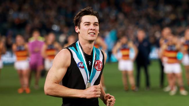 Connor Rozee with the Showdown Medal. Picture: James Elsby/AFL Photos via Getty Images