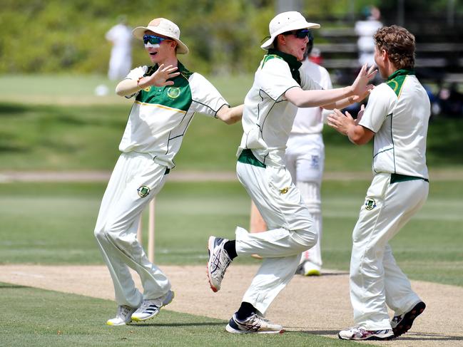 St Patrick's College players celebrate a wicketAIC First XI match between St Patrick's College and Iona College.Saturday February 12, 2022. Picture, John Gass