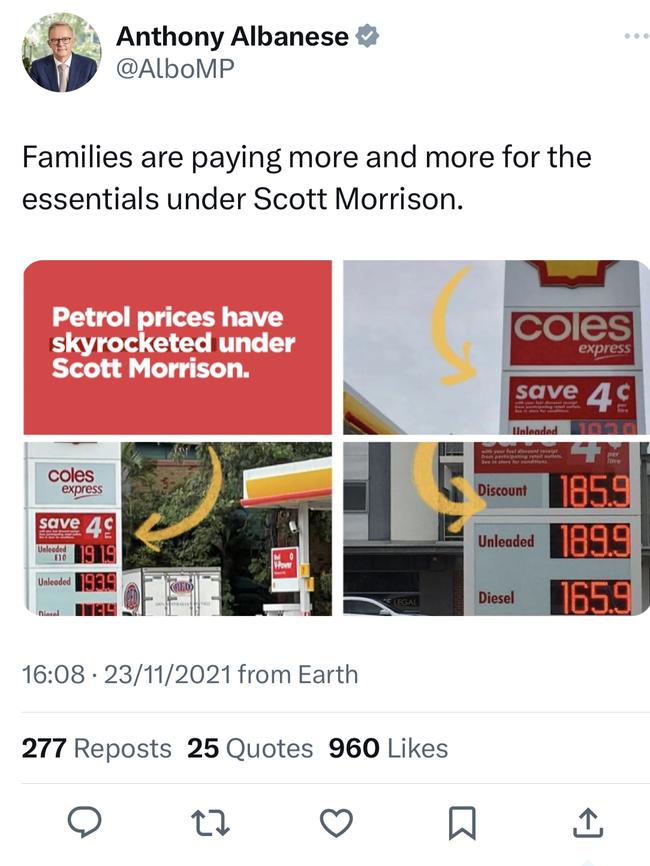 Twitter post from 23 November 2021 by Anthony Albanese criticising then Scott Morrisons government over petrol prices. Photo: Twitter