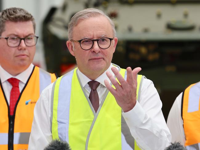 BRISBANE, AUSTRALIA - NewsWire Photos APRIL 2, 2024: Prime Minister Anthony Albanese speaks to the media during a visit to the Rheinmetall factory in Ipswich. Picture: NCA NewsWire/Tertius Pickard