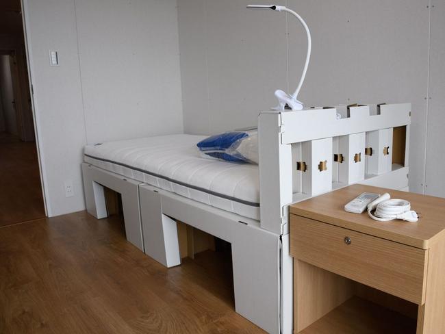 The cardboard beds for athletes. (Photo by Akio KON / POOL / AFP)