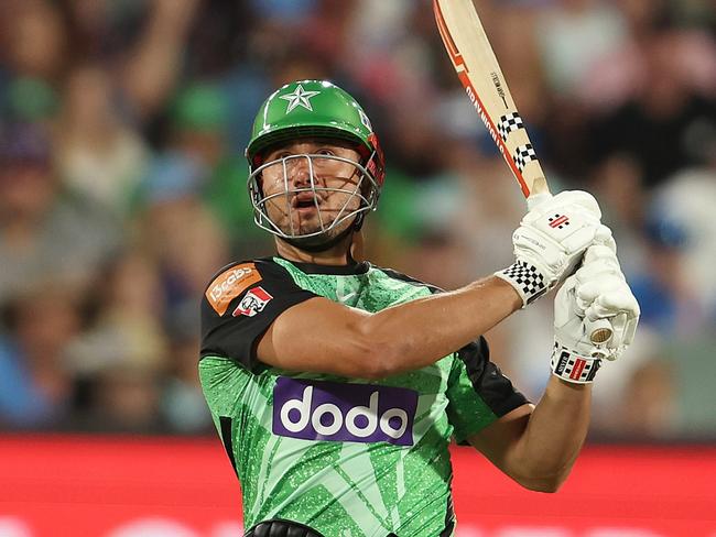 ADELAIDE, AUSTRALIA - DECEMBER 31: Marcus Stoinis of the Stars hits 6 runs during the BBL match between Adelaide Strikers and Melbourne Stars at Adelaide Oval, on December 31, 2023, in Adelaide, Australia. (Photo by Sarah Reed/Getty Images)