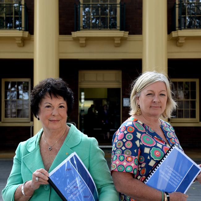 Former Manly Mayor Jean Hay and Pittwater Mayor Jacqui Townsend, outside Manly Town Hall in 2013, joined forces to fight against council amalgamations. Picture: Manly Daily