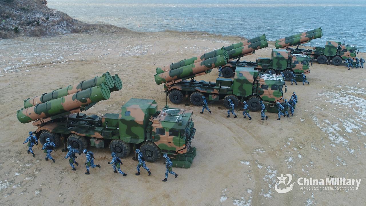 Chinese anti-aircraft missiles are deployed to a remote beach in rehearsals to seize control of the airspace above the East and South China Seas. Picture: China Military