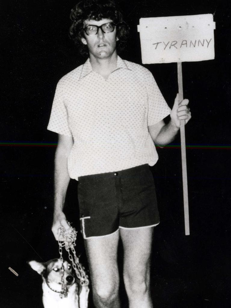 Dentist Harry Akers and dog Jaffa during a 1978 right to march protest.