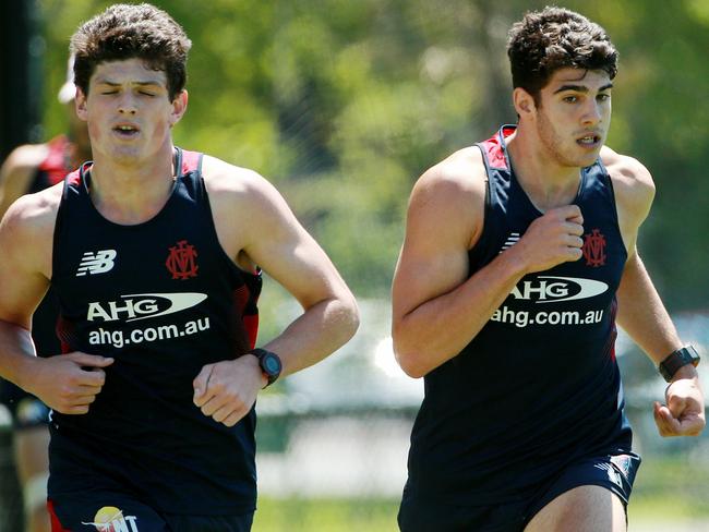 Gun recruits Angus Brayshaw and Christian Petracca train at Gosch’s Paddock. Picture: Colleen Petch