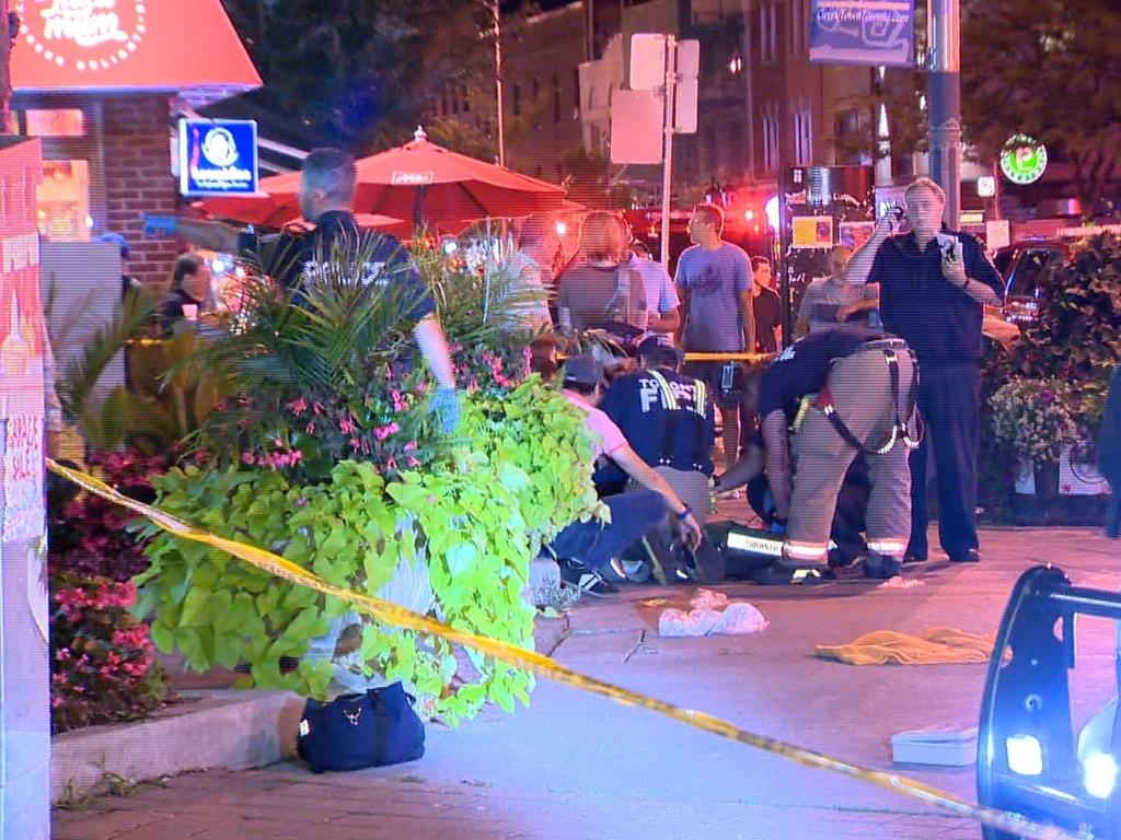 Police and emergency services arrive at the scene of a shooting on Danforth Avenue, Toronto. Picture: Supplied/ Twitter