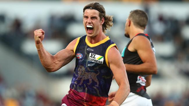 Brisbane’s Jarrod Berry celebrates a goal against St Kilda at The Gabba on Sunday. Picture: Getty Images