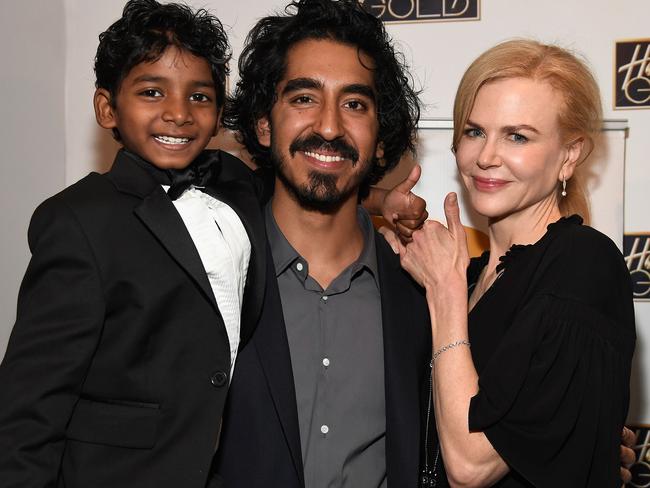 Nicole Kidman with Lion co-stars Sunny Pawar (left) and Dev Patel (centre). Picture: Frazer Harrison/Getty Images for AIF