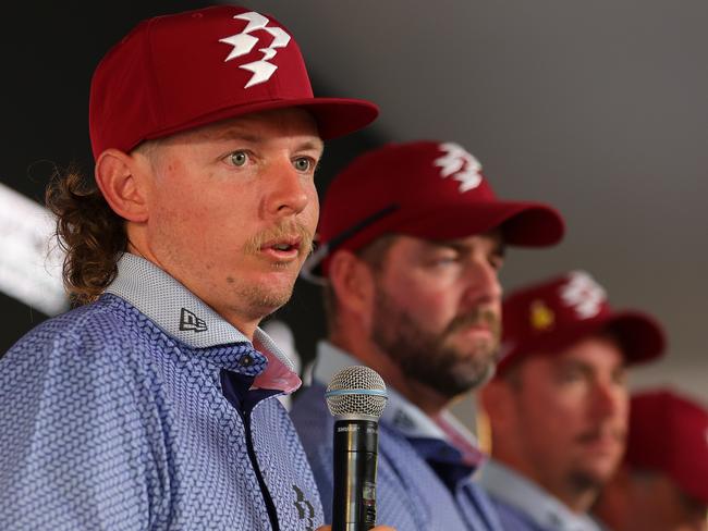 ADELAIDE, AUSTRALIA - FEBRUARY 13: Cameron Smith and his Team Ripper GC team mates during a press conference ahead of LIV Golf at The Grange Golf Club on February 13, 2025 in Adelaide, Australia. (Photo by Sarah Reed/Getty Images)