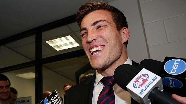 A happy Jack Viney leaves the appeal hearing at AFL House. Picture: Colleen Petch.