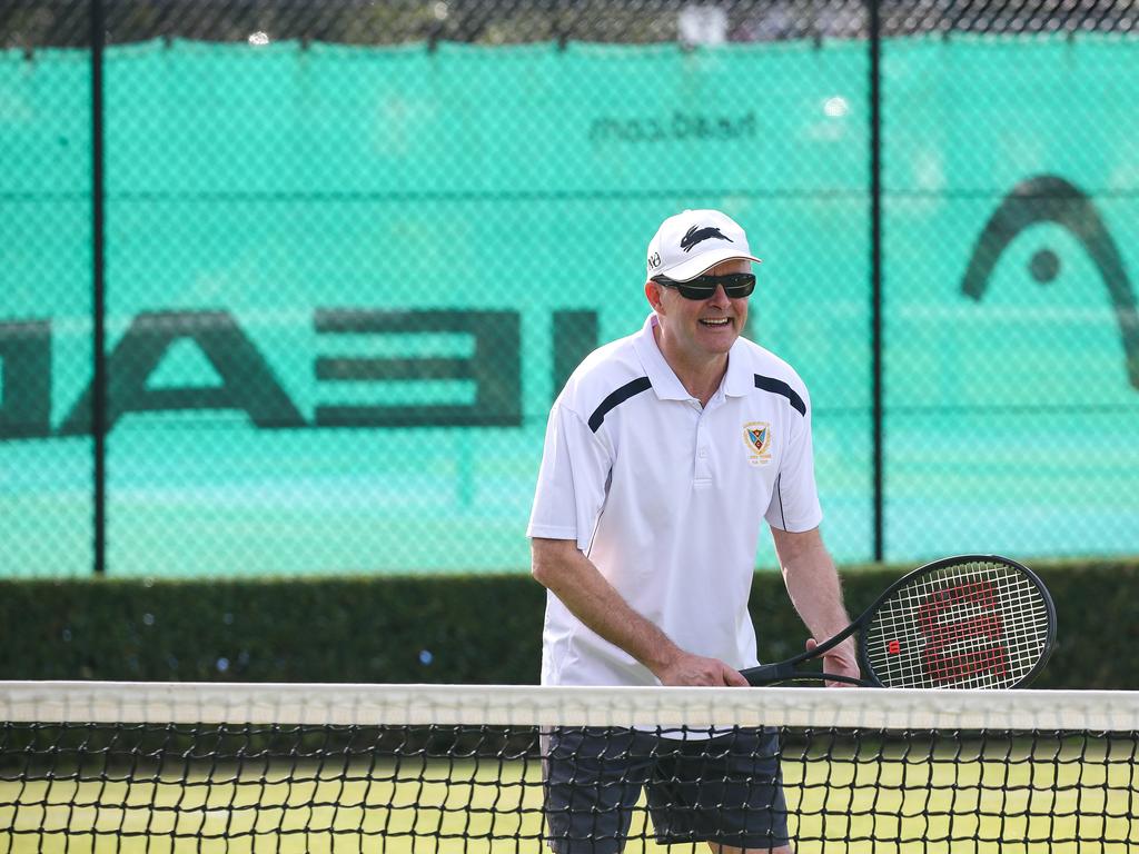 Mr Albanese took to his local Marrickville Tennis Club on Saturday morning where he competed in a game of doubles. Picture: Gaye Gerard