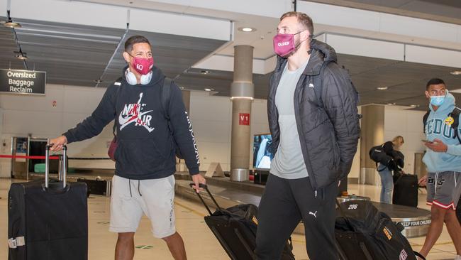 Maroons teammates Dane Gagai and Kurt Capewell. Picture: Brad Fleet