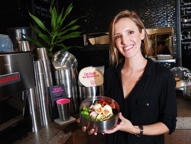 Phoebe Breyer-Menke from the Roma Bar have jumped on board the recycling band wagon, partnering with "Returnr" to provide customers with environmentally  friendly takeaway food and drink containers.  Picture KATRINA BRIDGEFORD