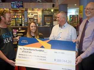 PRETTY UGLY: Brent Prendergast Glenmore Tavern Venue Manager, Tori Wake, Daryl Brown from the Leukaemia Foundation, and Tony Fitzgerald from the ALH group at the cheque presentation. Picture: Jann Houley