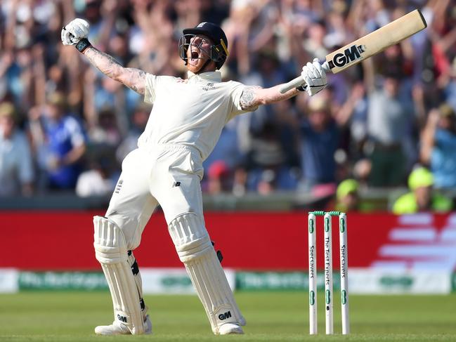 FILE - 2019 Ashes Series Best of - LEEDS, ENGLAND - AUGUST 25: Ben Stokes of England celebrates hitting the winning runs to win the 3rd Specsavers Ashes Test match between England and Australia at Headingley on August 25, 2019 in Leeds, England. (Photo by Gareth Copley/Getty Images)