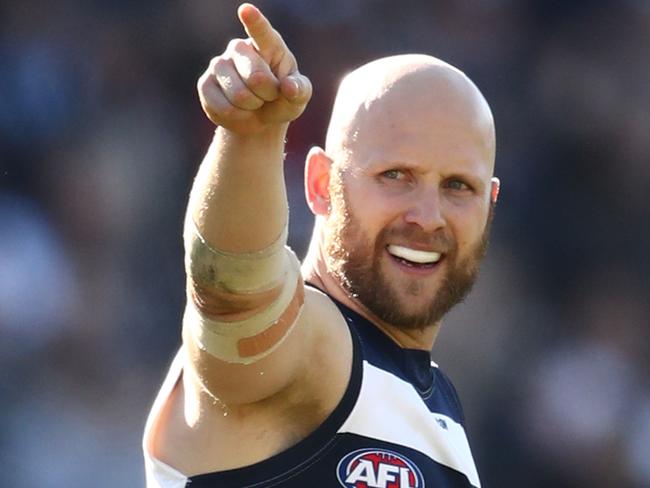 GEELONG, VICTORIA - AUGUST 25:  Gary Ablett of the Cats celebrates after  a goal during the round 23 AFL match between the Geelong Cats and the Gold Coast Suns at GMHBA Stadium on August 25, 2018 in Geelong, Australia.  (Photo by Scott Barbour/AFL Media/Getty Images)