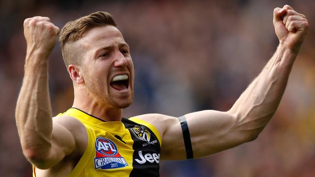 Kane Lambert celebrates a goal in the Grand Final. Picture: Getty Images