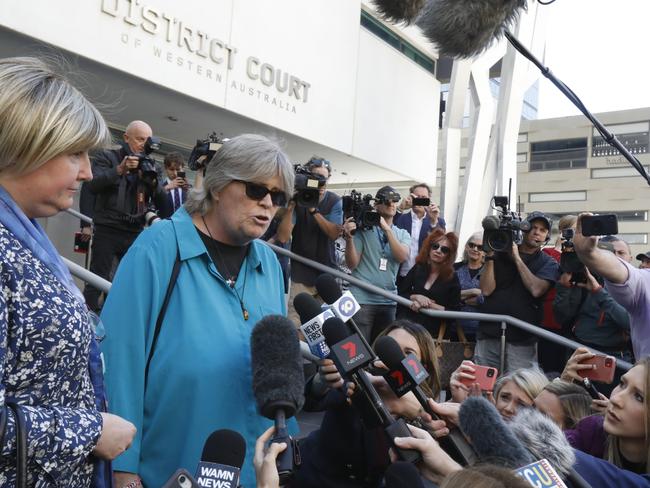 ‘The loss of a beautiful soul’: Lee Rimmer, Jane’s sister, speaks to the media on the steps of the Supreme Court after the trial verdict. (Billie Fairclough/Post Newspapers)