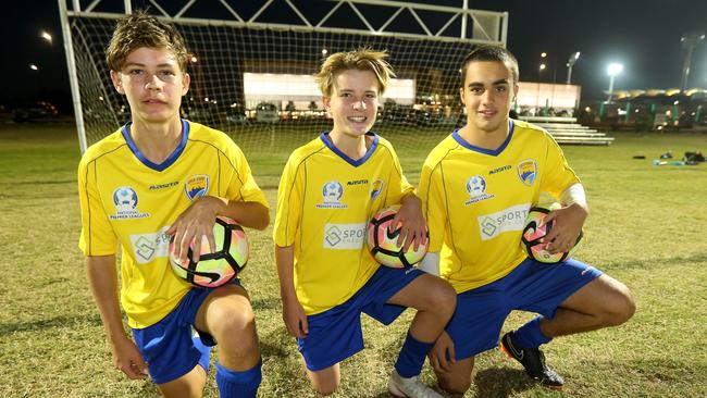 Gold Coast United junior players Rylee Uttley (under-13), Lachlan Anderson (under-14) and Christian Vulinovich (under-15). Picture: Mike Batterham