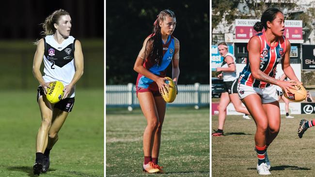 Southport’s Rianna Schipp, UQ’s Kadie Fletcher and Wilston Granger’s Keyshia Matenga in the QAFLW competition. Pictures: Highflyer Images and Brooke Sleep Media.