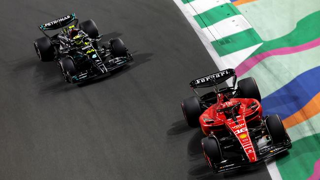 Ferrari’s Charles Leclerc leads Lewis Hamilton during the Saudi Arabia Grand Prix. Picture: Getty